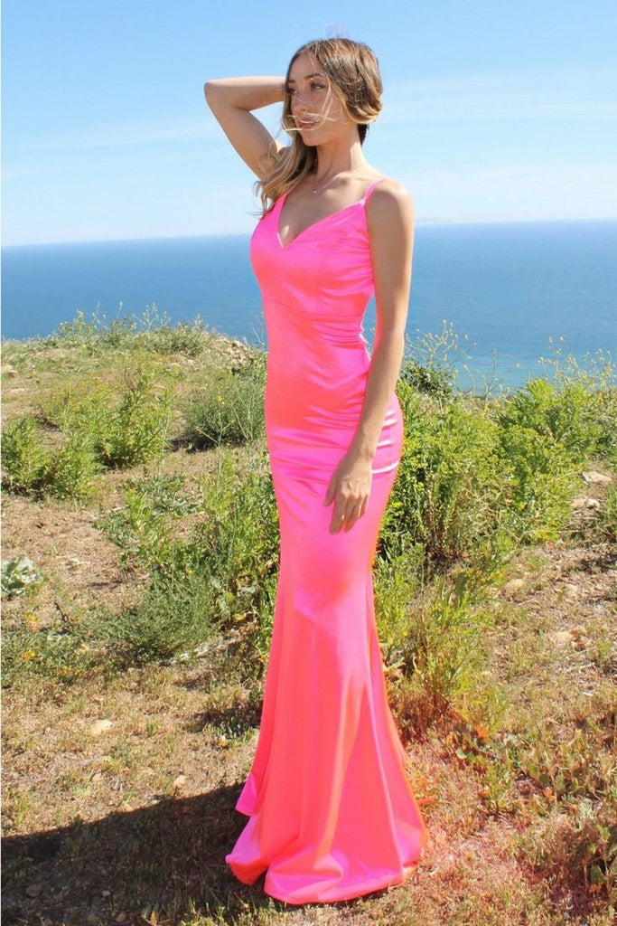 Elegant Candy Pink V Neck Spaghetti Strap Mermaid Evening Long Prom Dresses,WGP480