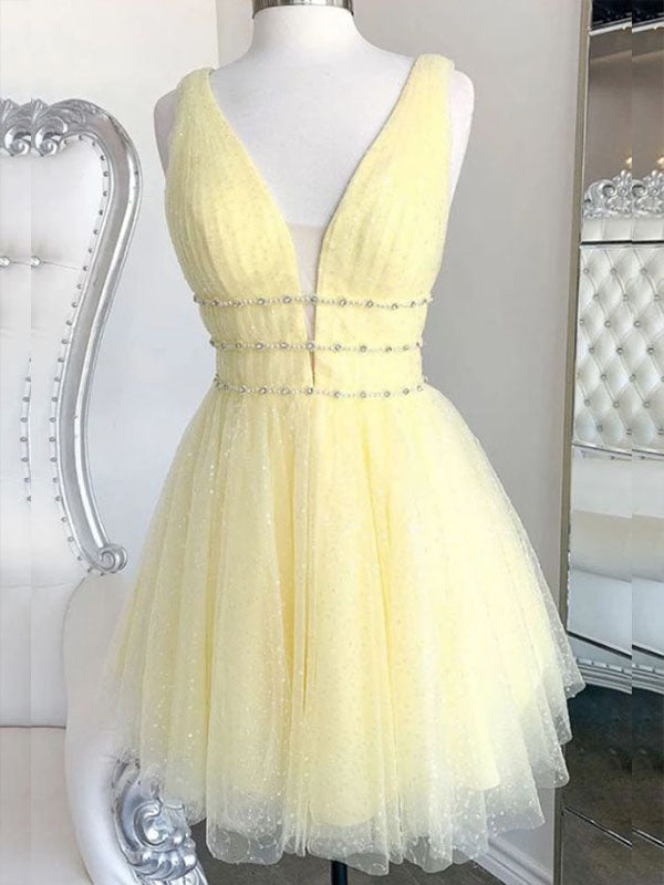 Light Yellow V Neck A-line Graduation Party Short Homecoming Dresses Formal Evening Party Dresses, QB0825