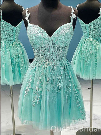 Mint Green Lace Appliques A-line Graduation Party Short Homecoming Dresses , QB0818