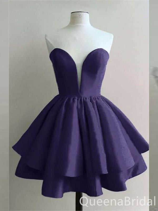 Purple Strapless Sweetheart A-line Graduation Party Short Homecoming Dresses , QB0819