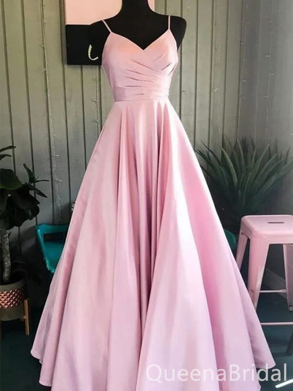 Elegant Pink V Neck Lace up Back A-line Spaghetti Straps Party Dress Long Prom Dresses to Impress ,WGP1529