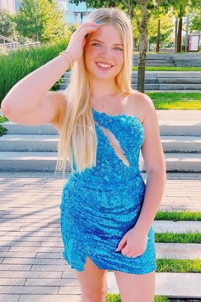 Elegant Blue Sequin One Shoulder Beading Cheap Simple Short Homecoming Dresses,QB0417