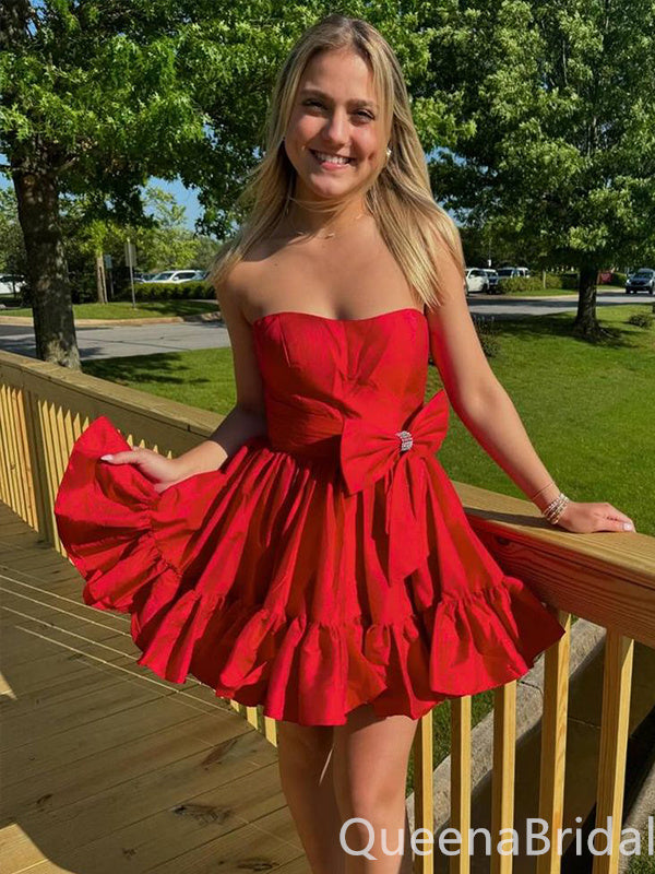 Sexy Red Strapless Bow Knot A-line Graduation Party Homecoming Dresses with Ruffles ,QB0693