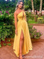 Sexy One Shoulder Yellow Side Slit A-line Evening Gown Long Prom Dresses ,WGP604