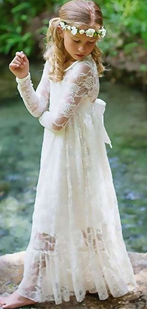 Elegant White Lace Appliques Tulle A- Line Cheap Long Flower Girl Dresses, FGS0034