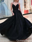 Gorgeous Plunging Black Lace Appliques Lace Up Back A-line Evening Gown Long Prom Dresses  ,WGP693