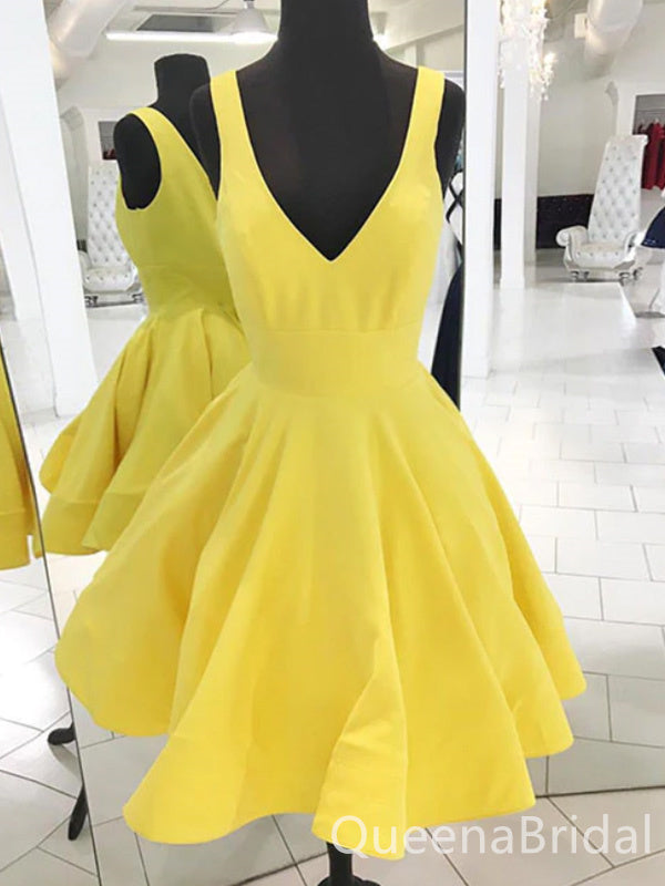 Charming Yellow Plunging A-line Short Homecoming Dresses with Pleats, QB0603