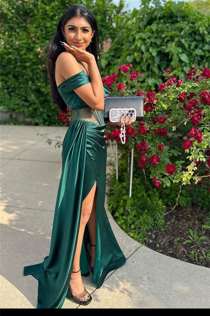 Green Mermaid Side Slit Off Shoulder See Through Maxi Long Party Prom Dresses,WGP327