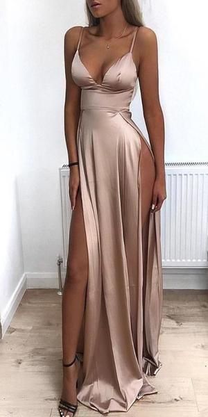 Sexy Deep V-neck High Slit Spaghetti Straps Evening Gown Prom Dresses with High Slit,WGP587