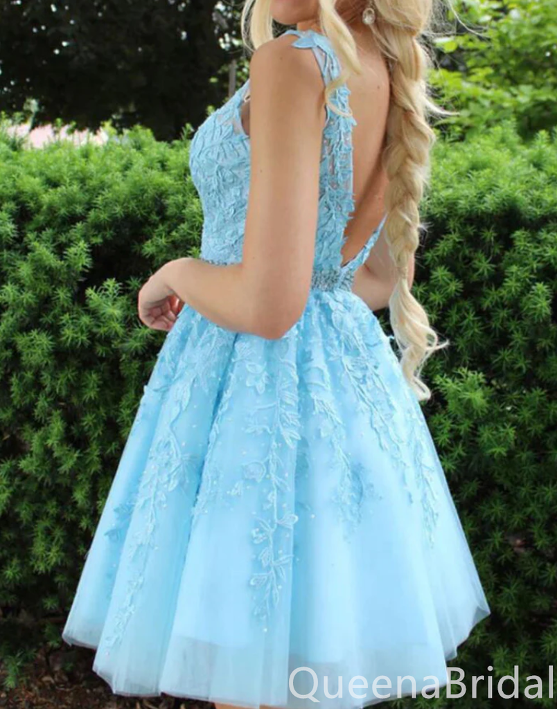 Sexy Beading Elegant Sky Blue Plunging A-line Leaf Appliques Tulle Short Homecoming Dresses with Pleats, QB0604