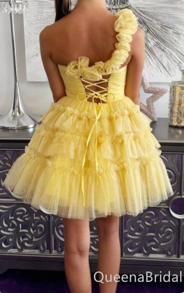 Sexy Cute One Shoulder A-line Lace Up Back Short Homecoming Dresses with Ruffles and Pleats, QB0613