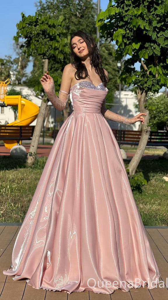 Stunning Shiny Pink Strapless Beaded Pleats A-line Party Dress Long Prom Dresses to Impress ,WGP1607