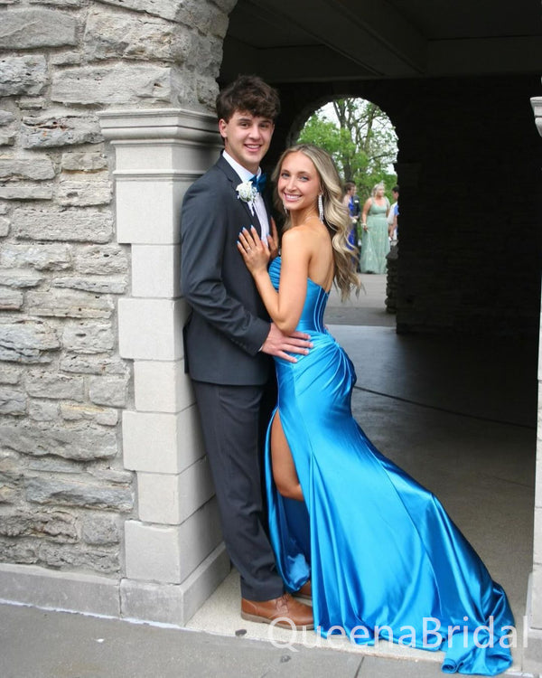 Sexy Blue Strapless Sweetheart Mermaid Long Prom Dresses Party Dresses to Impress with High Slit ,WGP1373