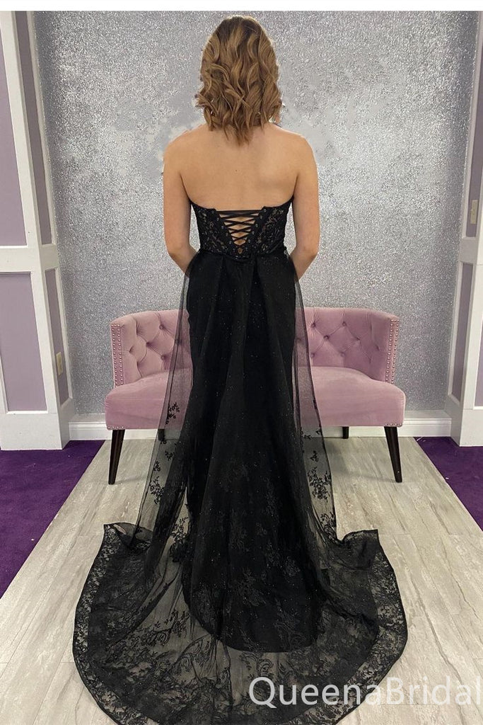 Mermaid Black Lace Appliques Lace UP Back Strapless Evening Ball Gown Maxi Long Formal Dresses Prom Dresses with High Slit ,WGP986