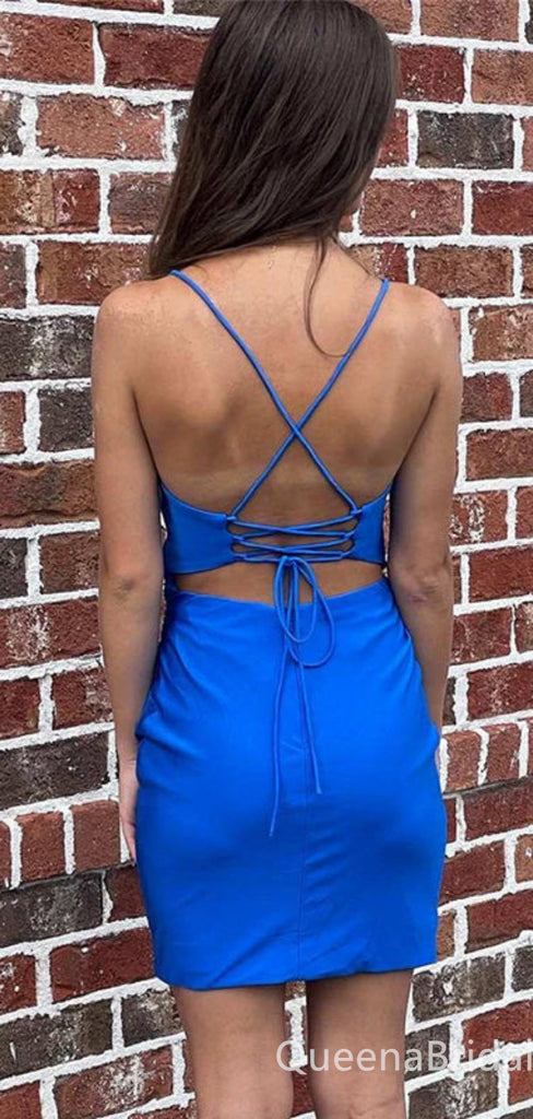 Sexy Royal Blue V-neck Spaghetti Straps Sheath Lace Up Back Graduation Party Homecoming Dresses ,QB0694