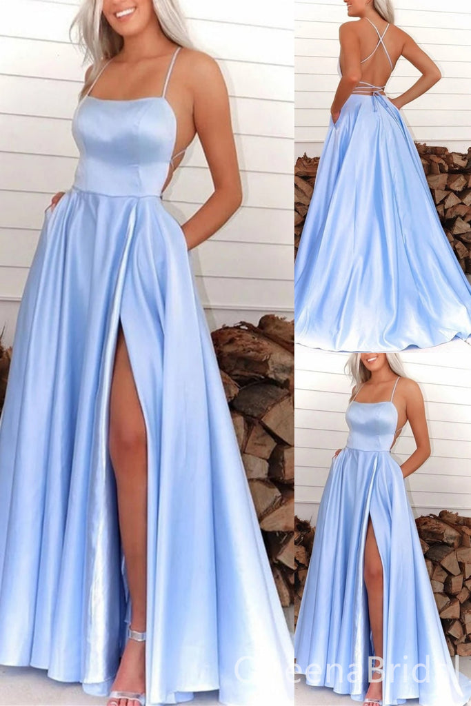 Sexy Side Slit Lace up Back A-line Spaghetti Straps Party Dress Long Prom Dresses to Impress ,WGP1530