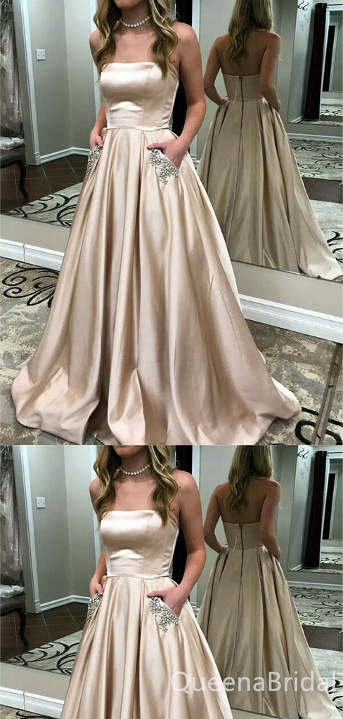 Sexy Elegant Ruched Strapless Beading Straight Neck Evening Gown Long Prom Dresses with Pockets  ,WGP665