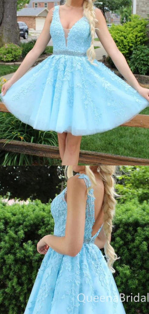 Sexy Beading Elegant Sky Blue Plunging A-line Leaf Appliques Tulle Short Homecoming Dresses with Pleats, QB0604