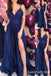 Navy Blue Spaghetti Straps A-line Evening Gown Maxi Long Evening Party Prom Dresses with Side Slit ,WGP1119