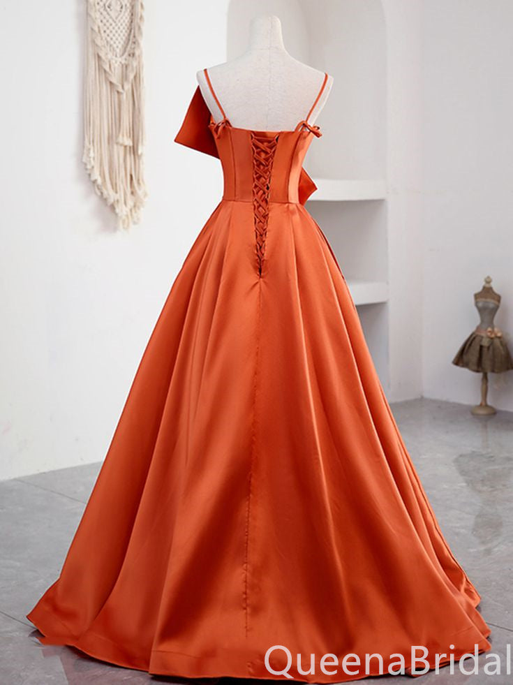 Orange A-line Spaghetti Straps Bow Evening Ball Gown Maxi Long Evening Party Prom Dresses ,WGP1009