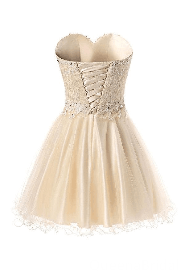 Champagne Strapless Sweetheart Lace Appliques Beaded Lace Up Back Graduation Party Short Homecoming Dresses, QB0789