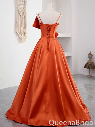 Orange A-line Spaghetti Straps Bow Evening Ball Gown Maxi Long Evening Party Prom Dresses ,WGP1009