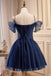 Navy Blue Sweetheart Off Shoulder Lace Up Back A-line Graduation Party Short Homecoming Dresses Formal Evening Party Dresses, QB0827