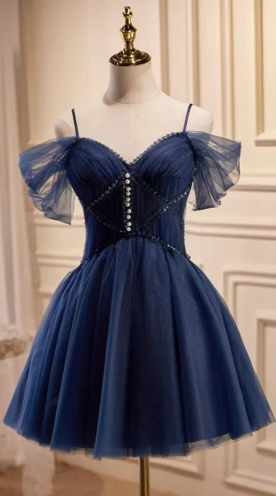 Navy Blue Sweetheart Off Shoulder Lace Up Back A-line Graduation Party Short Homecoming Dresses Formal Evening Party Dresses, QB0827