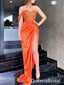 Gorgeous One Shoulder Orange PleatsSequin Side Slit Mermaid Evening Long Prom Dresses,WGP482