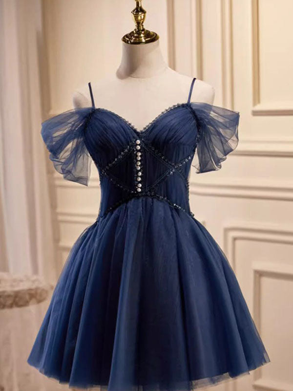 Navy Blue Sweetheart Off Shoulder Lace Up Back A-line Graduation Party Short Homecoming Dresses Formal Evening Party Dresses, QB0827