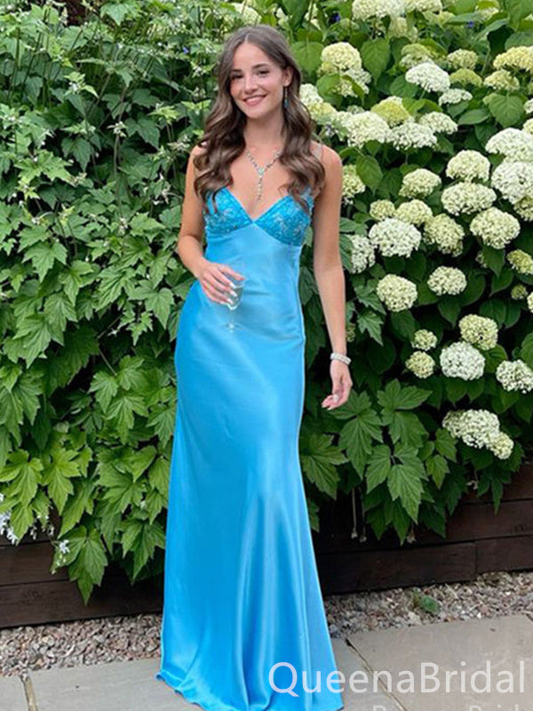 Blue Spaghetti Straps Sheath Evening Gown Maxi Long Evening Party Prom QueenaBridal Blue Spaghetti Straps Sheath Evening Gown Maxi Long Evening Party Prom QueenaBridal