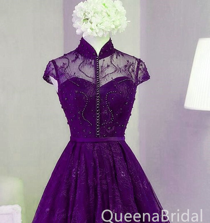 Purple Illusion High Neck Lace Appliques Beaded Lace Up Back Graduation Party Short Homecoming Dresses, QB0790