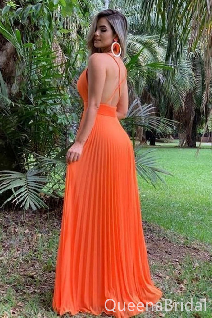 Orange Spaghetti Straps A-line Evening Gown Long Evening Party Prom Dresses  ,WGP1269