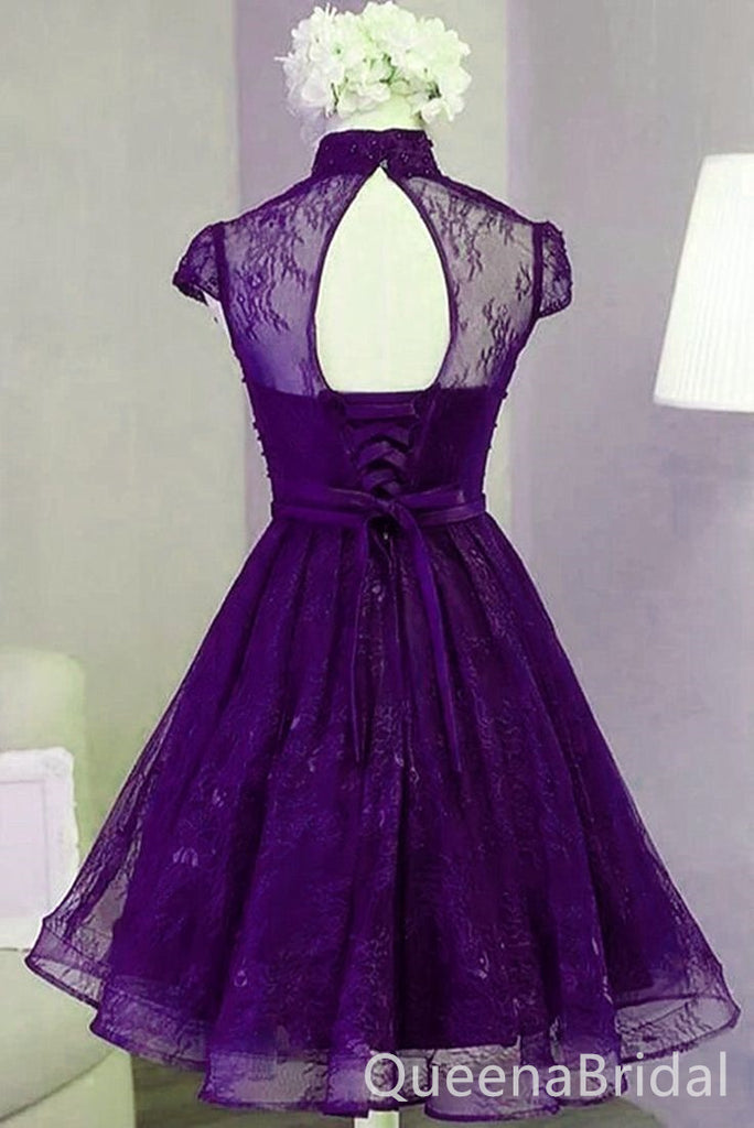 Purple Illusion High Neck Lace Appliques Beaded Lace Up Back Graduation Party Short Homecoming Dresses, QB0790