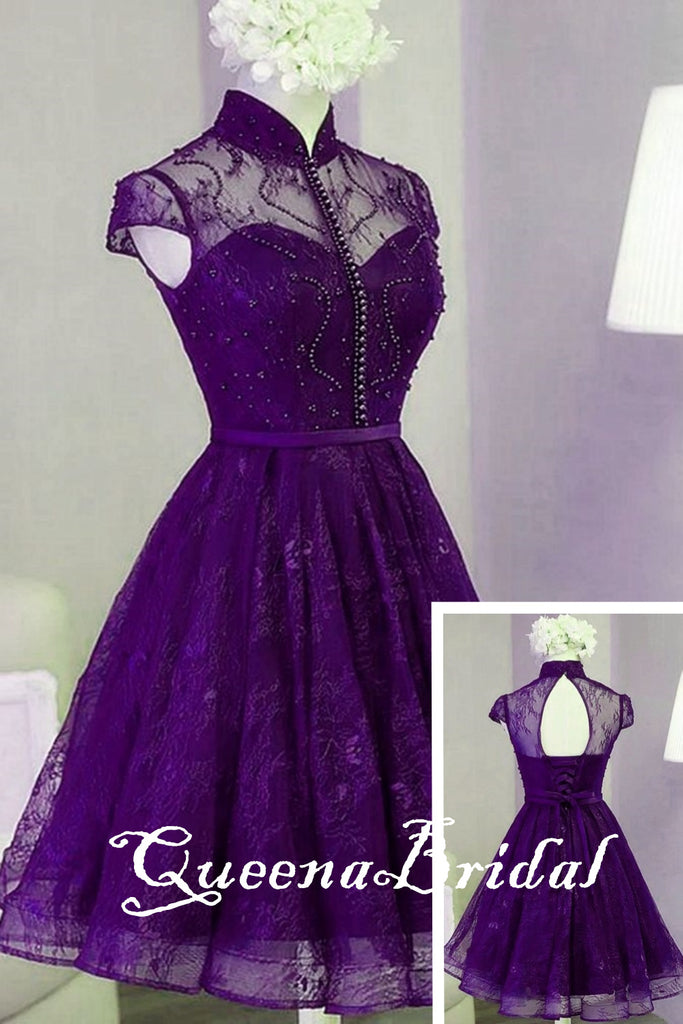 Purple Illusion High Neck Lace Appliques Beaded Lace Up Back Graduation Party Short Homecoming Dresses, QB0790