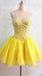 Yellow Strapless Beaded Sweetheart Lace Up Back A-line Graduation Party Short Homecoming Dresses Formal Evening Party Dresses, QB0828