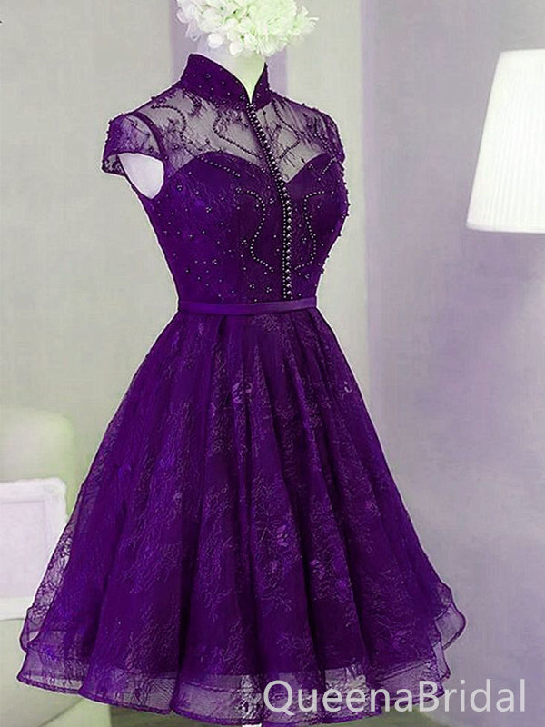 Purple Illusion High Neck Lace Appliques Beaded Lace Up Back Graduation Party Short Homecoming Dresses, QB0790