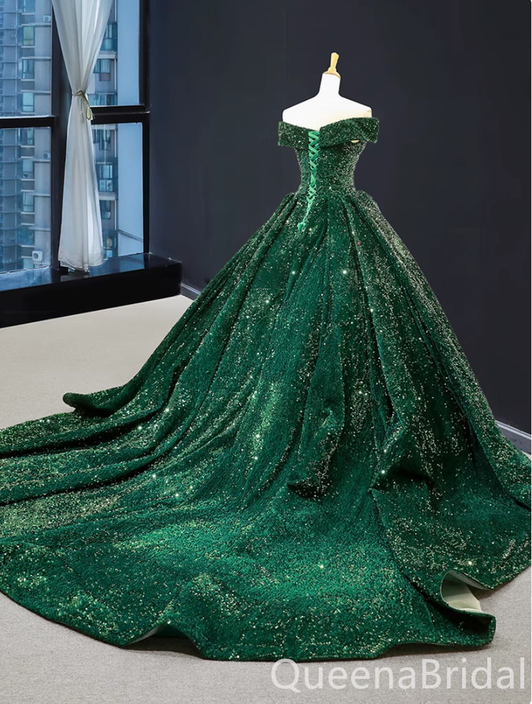 Shiny Green Off the Shoulder Lace up Back A-line Ball Gown Party Dress Long Prom Dresses to Impress ,WGP1486