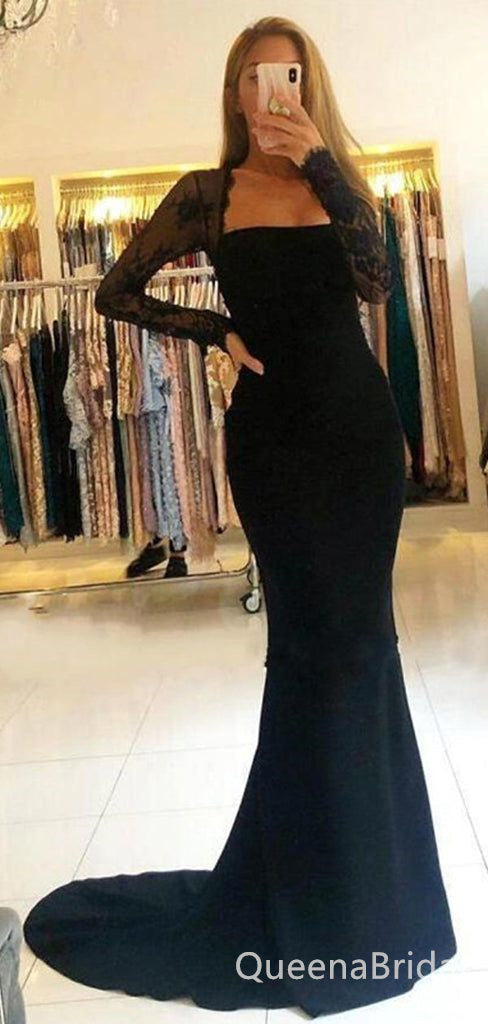 Black Long Sleeves Mermaid Appliques Straight Neck Evening Gown Maxi Long Evening Party Prom Dresses with Trailing,WGP1081