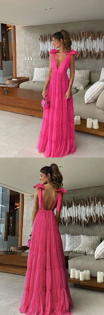 Sexy Open Back V Neck A-line Party Dress Long Prom Dresses to Impress ,WGP1558