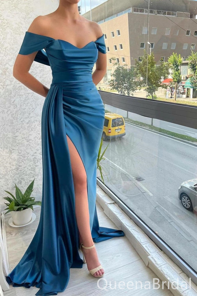 Blue Off Shoulder Mermaid Evening Gown Long Evening Party Prom Dresses with Slit,WGP1270