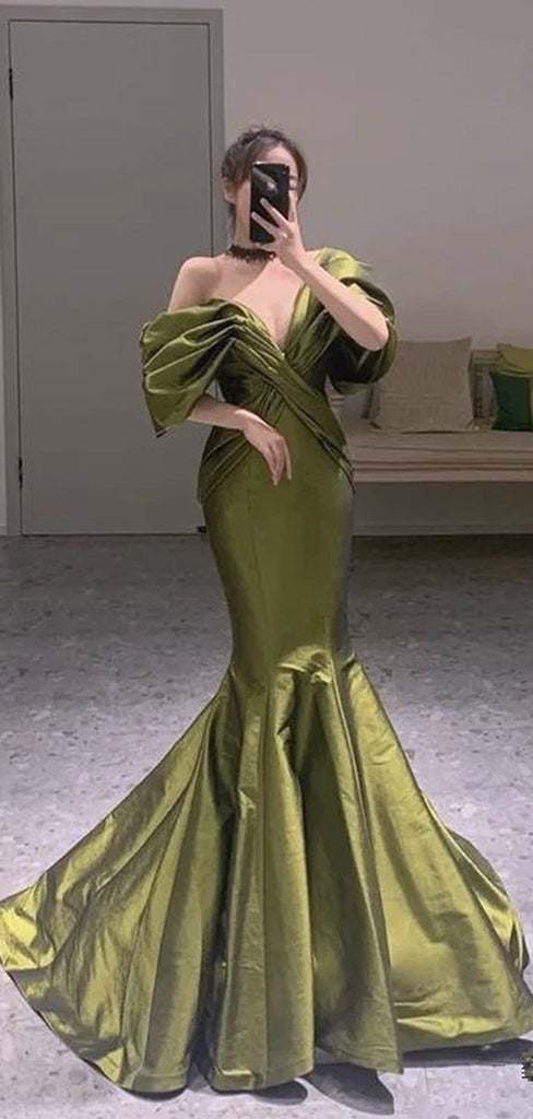 Elegant Bubble Pleats Green Off Shoulder Mermaid Evening Long Prom Dresses,WGP456