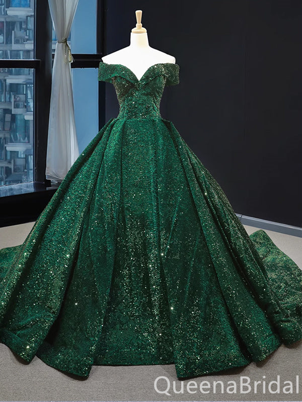 Shiny Green Off the Shoulder Lace up Back A-line Ball Gown Party Dress Long Prom Dresses to Impress ,WGP1486