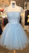 Blue Square Neck Illusion Beaded A-line Graduation Party Short Homecoming Dresses Formal Evening Party Dresses, QB0830