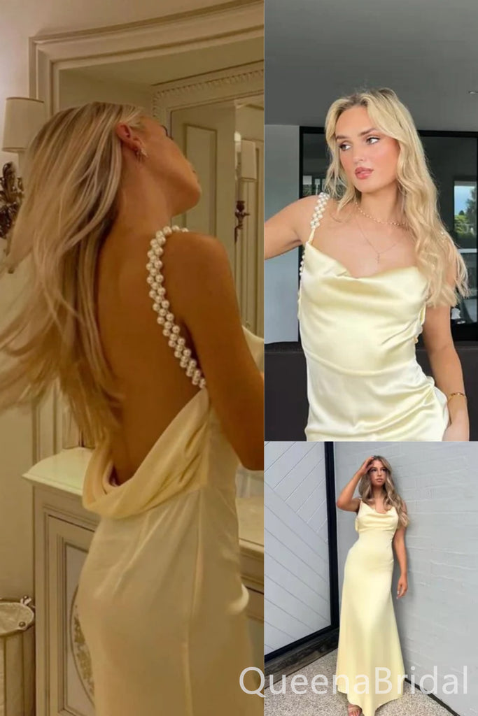 Gorgeous Light Yellow Sheath Pearl Straps Party Dress Long Prom Dresses to Impress ,WGP1659