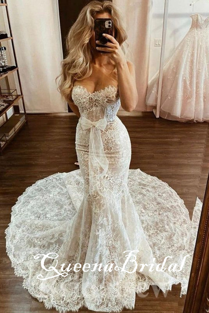 White Mermaid Sweetheart Lace Appliques Strapless Long Wedding Dresses with Trailing ,WGP226