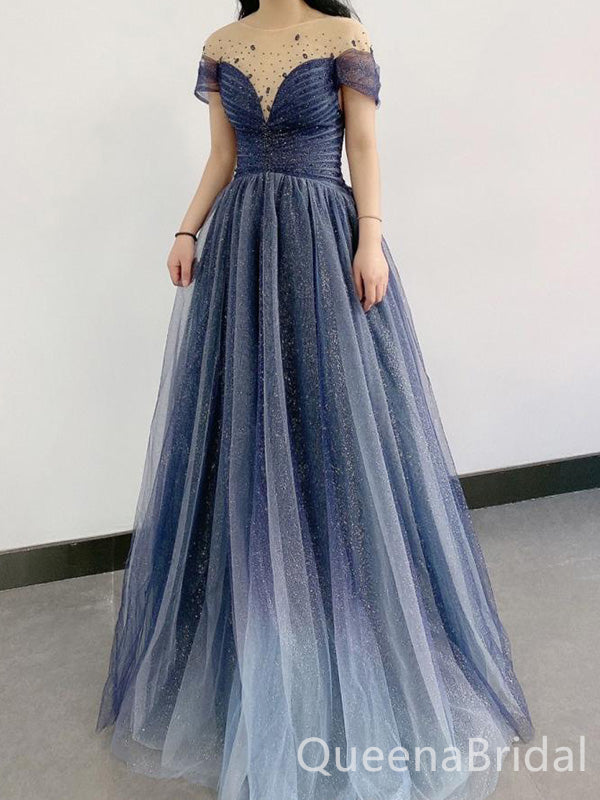 Elegant Dark Blue Off Shoulder A-line  With Lace Sequins Illusion Long Prom Dresses,WGP403