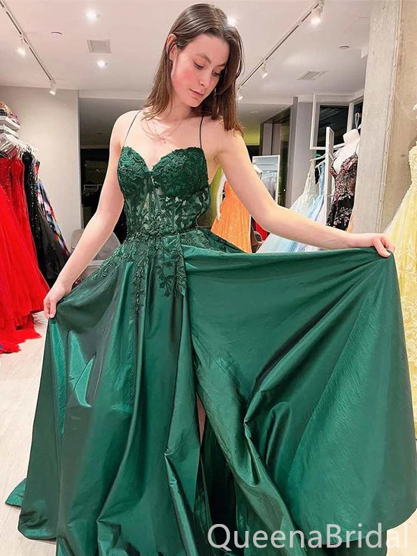 Elegant Green A-line Side Slit With Lace Appliques Spaghetti Straps  Lace Up Back Prom Dresses,WGP398