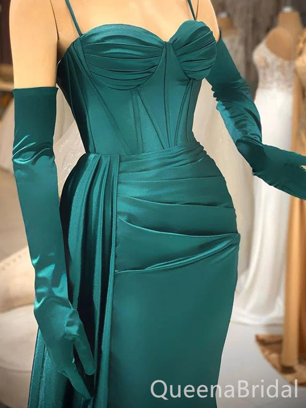 Elegant Green Spaghetti Straps Pleats Panel Train Long Mermaid  Evening Prom Dresses ,WGP402