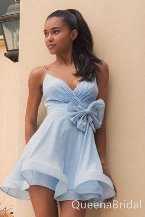 Light Blue Spaghetti Straps V Neck A-line Graduation Party Short Homecoming Dresses, QB0791